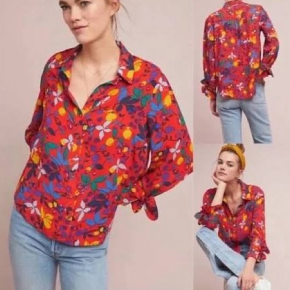 Anthropologie MAEVE Blithe Button Down Shirt Red Fruit Floral Challis